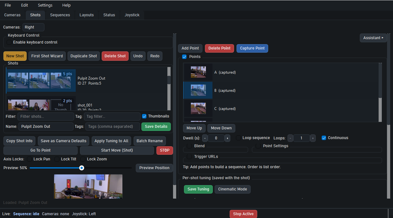 PTZ Shot Director shots tab showing saved PTZ shots and point sequencing.
